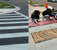 A split image of the Pulse Nightclub memorial crosswalk before and after it has been re-coloured back in.