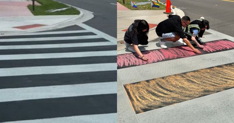 A split image of the Pulse Nightclub memorial crosswalk before and after it has been re-coloured back in.