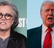A photo of Rosie O'Donnell in a black jacket and grey shirt smiling (left). A photo of Donald trump in a blue blazer, white shirt and red tie with his mouth open. (right)