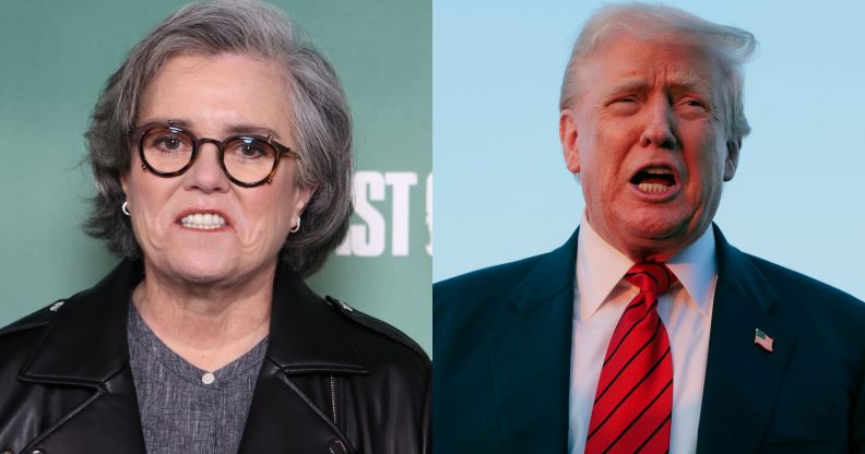 A photo of Rosie O'Donnell in a black jacket and grey shirt smiling (left). A photo of Donald trump in a blue blazer, white shirt and red tie with his mouth open. (right)