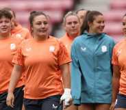 England players Amy Cokayne (c) and team mates look on during the England Red Roses media access at Stadium of Light on 21 August, 2025 in Sunderland, England.