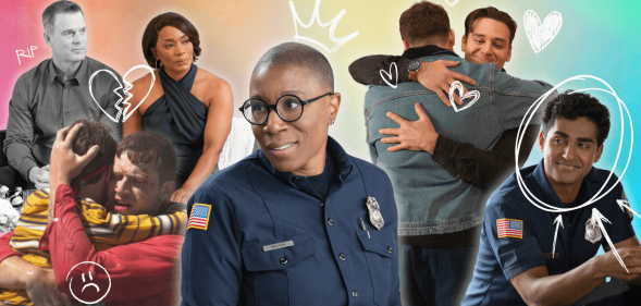 A collage showing different characters from 9-1-1 with doodles and a rainbow background