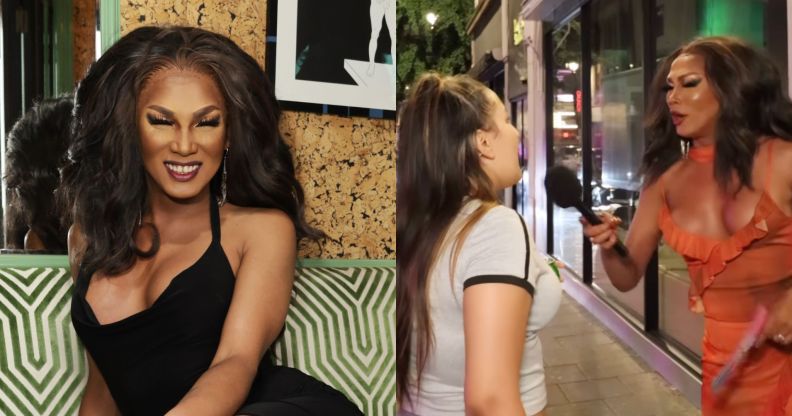 On the left, Tiara Skye smiles while wearing a black dress and perched on a green sofa. On the right, Tiara holds a microphone to a woman who was abusing her.