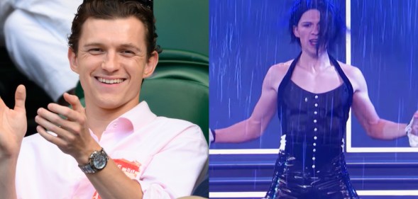 Two images of Tom Holland: In the first, Tom is wearing a pink shirt sat on green seats clapping while watching the Wimbledon Tennis Championships. In the second image, Tom is perfoming his lip-sync battle. He's in a black corset, tight shorts and fishnets. He's also wearing a black cropped wig.