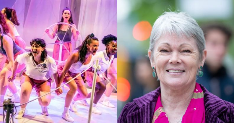 On the left, a production image of the cast of Maiden Voyage. On the right, Tracy Edwards smiles in 2019.