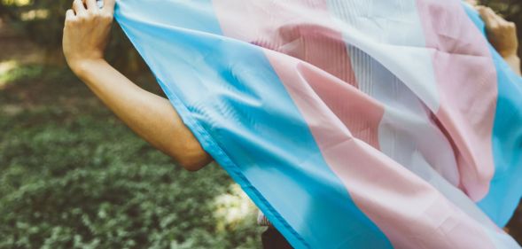 A person holding a trans flag.