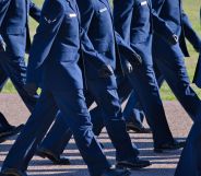 US troops marching in unison.