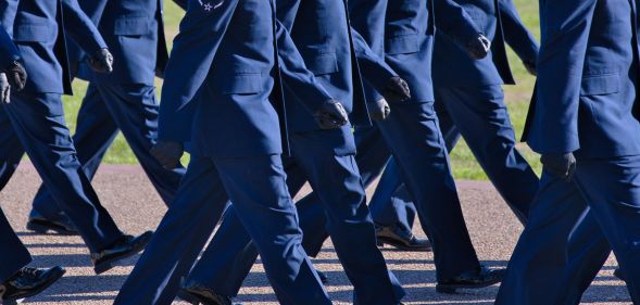 US troops marching in unison.