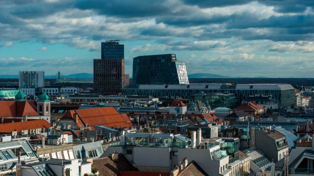 Vienna city skyline seen from the top of St Stephens Cathedral, Stephansdom, North tower Austria.