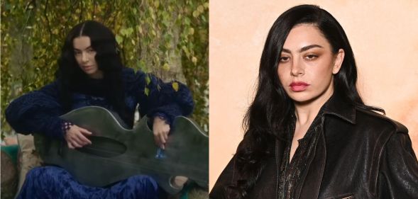 Charli XCX in 100 Nights of Hero (right) and on a red carpet in March 2025.