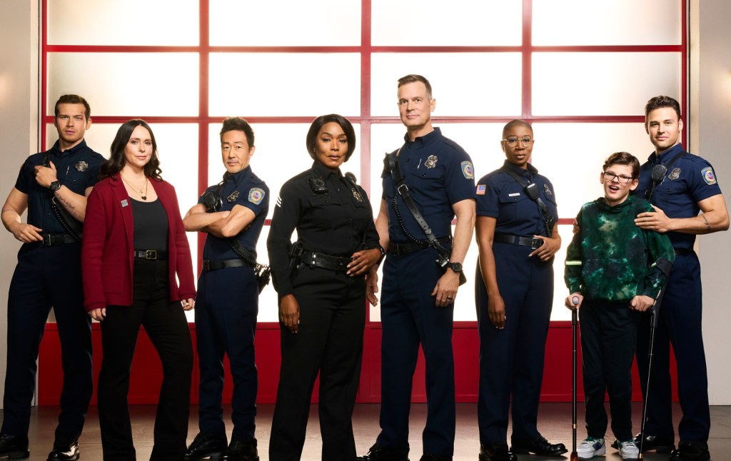“9-1-1” stars Oliver Stark as Evan “Buck” Buckley, Jennifer Love Hewitt as Maddie Kendall, Kenneth Choi as Howie “Chimney” Han, Angela Bassett as Athena Grant, Peter Krause as Bobby Nash, Aisha Hinds as Henrietta “Hen” Wilson, Gavin McHugh as Christopher Diaz, and Ryan Guzman as Eddie Diaz.