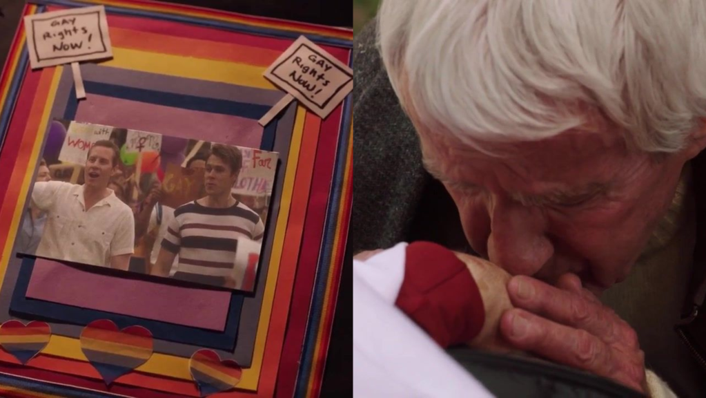 A scrap book page showing two men at a gay rights rally, and an elderly man kissing someone's hand. 