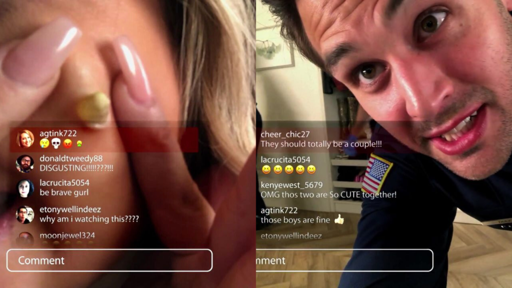 Screen shots of a livesteam showing a woman squeezing a maggot from her face and Eddie with his face close to the camera.