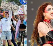 On the left, a group of lgbtq+ protestors at a rally in 2023. On the right, Chappell Roan smiles as she performs on stage in 2024.