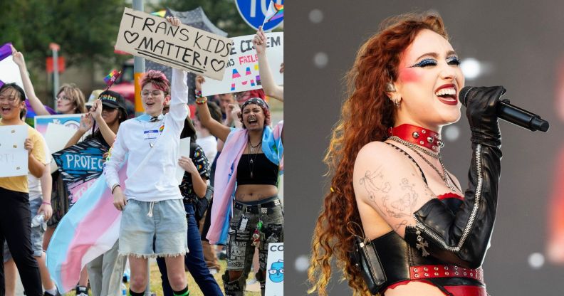 On the left, a group of lgbtq+ protestors at a rally in 2023. On the right, Chappell Roan smiles as she performs on stage in 2024.