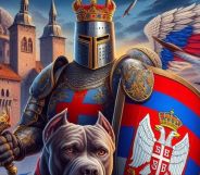 An AI picture of a knight riding an American Pit Bull Terrier.