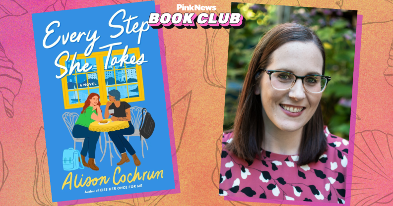 The cover of Every Step She Takes and Alison Cochrun's headshot in front of a pink and orange backrgroup with seashell motifs