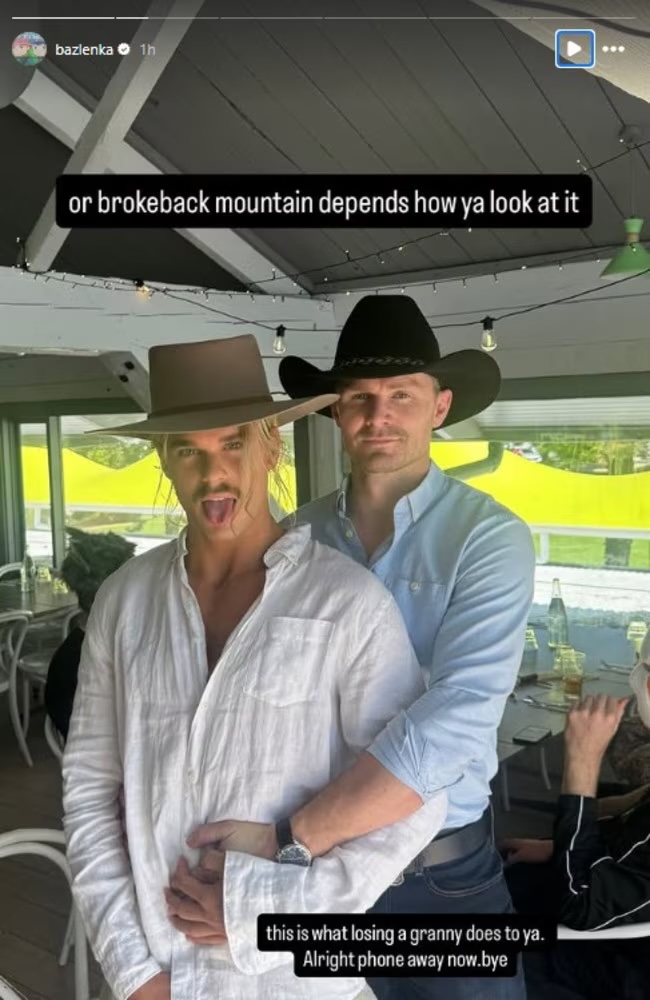Bailey Smith and Patrick Dangerfield pose during Geelong's Mad Monday celebrations. 