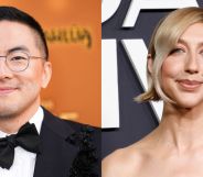 Bowen Yang and Heidi Gardner at separate red carpet events posing and smiling.