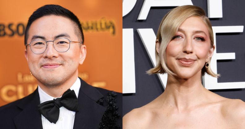 Bowen Yang and Heidi Gardner at separate red carpet events posing and smiling.