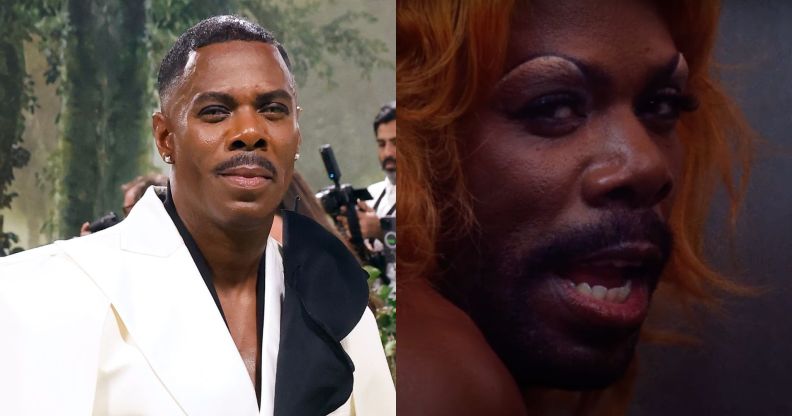 On the left, Colman Domingo at the Met Gala. On the right, Colman Domingo in drag for Sabrina Carpenter's 'Tears' music video.