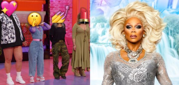 On the right, a still from an upcoming episode of Drag Race UK featuring celebrities in the pink Werk Room with their faces covered by emojis. On the right, RuPaul in the promo for season seven.