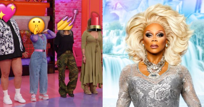 On the right, a still from an upcoming episode of Drag Race UK featuring celebrities in the pink Werk Room with their faces covered by emojis. On the right, RuPaul in the promo for season seven.