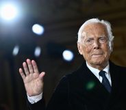 Italian designer Giorgio Armani acknowledges the applause at the end of his presentation for Armani Prive during the Women's Haute-Couture Spring/Summer 2025 Fashion Week to mark its 20th anniversary, in Paris on January 28, 2025. (Photo by JULIEN DE ROSA / AFP) (Photo by JULIEN DE ROSA/AFP via Getty Images)