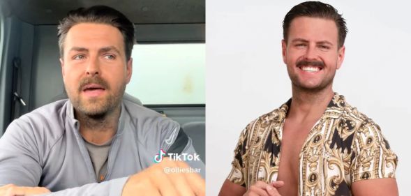 On the left, a still from Ollie King's TikTok in which he sits in a vehicle and rants. On the right, Ollie King smiles in a patterned shirt for his I Kissed A Boy promo photo.