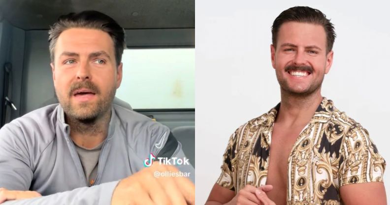 On the left, a still from Ollie King's TikTok in which he sits in a vehicle and rants. On the right, Ollie King smiles in a patterned shirt for his I Kissed A Boy promo photo.