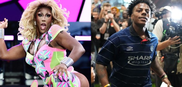 Two images: One of Kori King performing during the Lip-Sync Battle Royale at OUTLOUD Music Festival and the other of IShowSpeed being filmed as he walks through a crowd with a blue football shirt on and phone in his hand Kori King performs during the Lip-Sync Battle Royale at OUTLOUD Music Festival