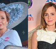 On the left, JK Rowling in a big blue hat and shawl. On right Emma Watson at Wimbledon in a white and black dress.