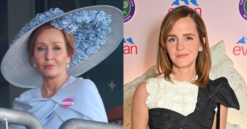 On the left, JK Rowling in a big blue hat and shawl. On right Emma Watson at Wimbledon in a white and black dress.