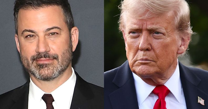 A split image of Jimmy Kimmel, left, and Donald Trump, right.