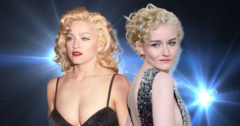 An image composite featuring Madonna and Julia Garner against a blue flashing background.