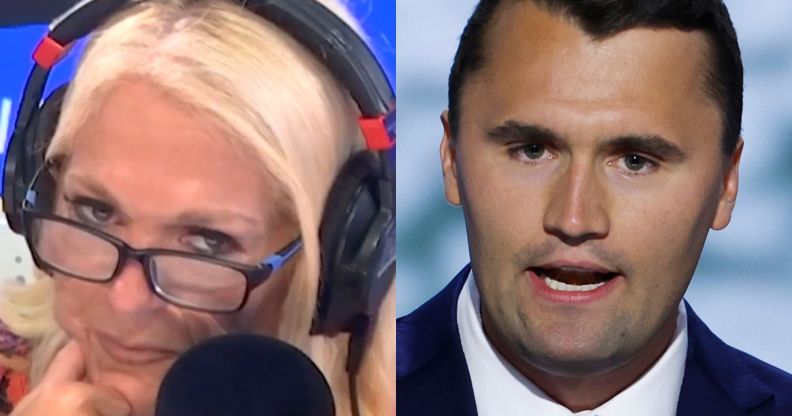 A split image of Vanessa Feltz on the left and Charlie Kirk on the right.