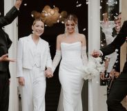 Emilia and Lucy Spraggan-Smith at their drinks reception during their wedding in 2024.