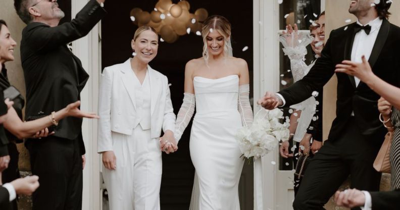 Emilia and Lucy Spraggan-Smith at their drinks reception during their wedding in 2024.