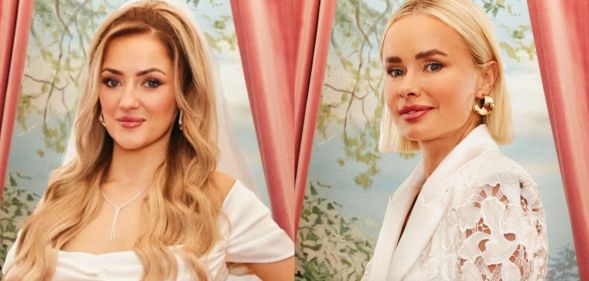 Leigh and Leah in their Married at First promo photos, dressed in white wedding gowns.