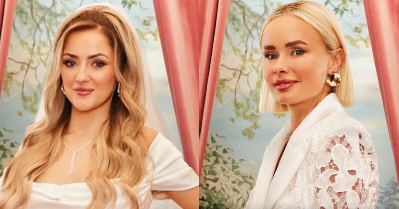 Leigh and Leah in their Married at First promo photos, dressed in white wedding gowns.