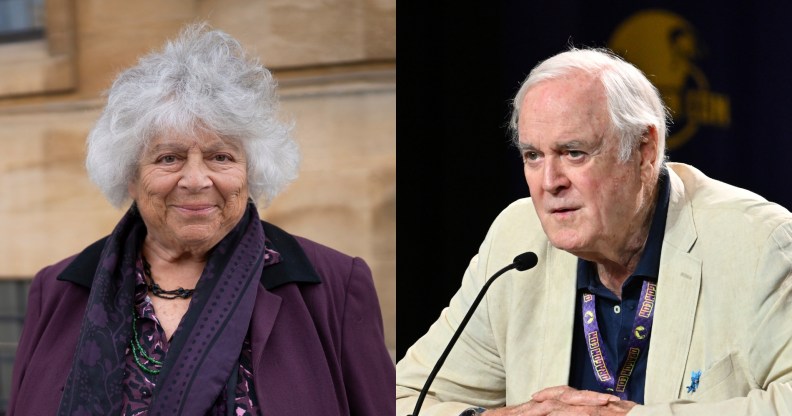 Two images: one of Miriam Margolyes, smiling outside an old building and the other of John Cleese speaking onstage