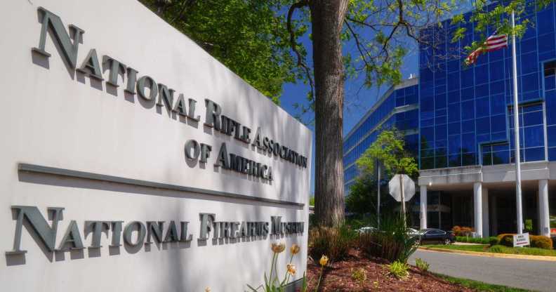 A sign marks the entrance to the National Rifle Association (NRA) headquarters building.