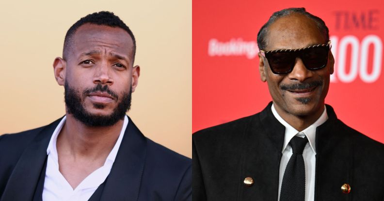 Marlon Wayans (left) and Snoop Dogg (right) in black suits at different red carpet events.