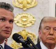 Defense Secretary Pete Hegseth speaks as U.S. President Donald Trump looks on in the Oval Office at the White House on September 2, 2025 in Washington, DC.
