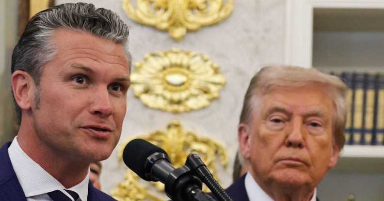 Defense Secretary Pete Hegseth speaks as U.S. President Donald Trump looks on in the Oval Office at the White House on September 2, 2025 in Washington, DC.