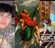 Left Image: young person holding up a peace sign. On-screen text reads: GRWM for the rapture Middle Image: The Rapture of Saint Paul. man in green dress and red robe ascending to the sky with three cherubs Right image: wife showing husband how to load the dishwasher. On-screen text reads: Preparing my husband for the Rapture on Tuesday because there is no way he is going anywhere...