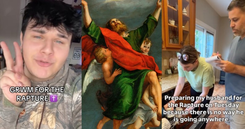 Left Image: young person holding up a peace sign. On-screen text reads: GRWM for the rapture Middle Image: The Rapture of Saint Paul. man in green dress and red robe ascending to the sky with three cherubs Right image: wife showing husband how to load the dishwasher. On-screen text reads: Preparing my husband for the Rapture on Tuesday because there is no way he is going anywhere...