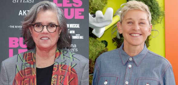 On the left, Rosie O'Donnell at the Burlesque premiere in July 2025. On the right, a smiling Ellen DeGeneres in 2019.