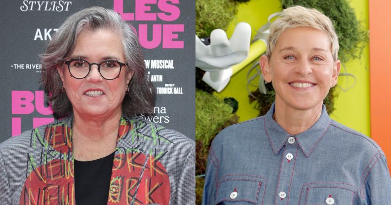 On the left, Rosie O'Donnell at the Burlesque premiere in July 2025. On the right, a smiling Ellen DeGeneres in 2019.