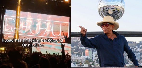RuPaul's DJ background landscape with the text: RuPaul has a fracking background on his DJ set. Then an image of RuPaul behind a DJ booth with a cream hat and disco ball hanging above him.